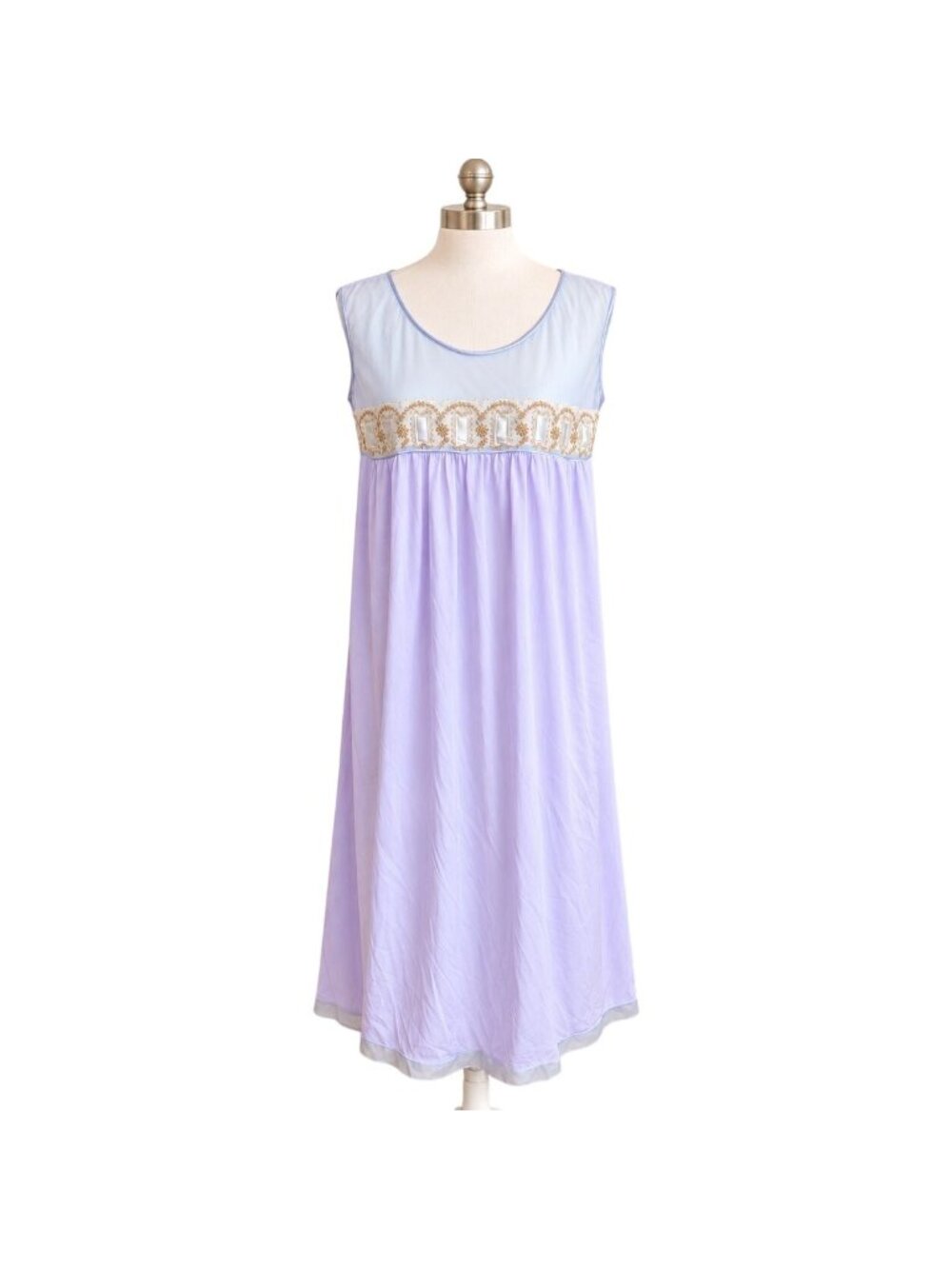 Vintage Lavender Nightgown Embroidered Empire Waist Sleeveless Romantic Nightie
